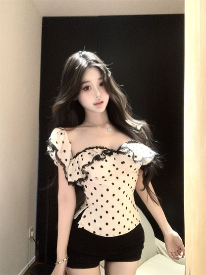 Lace Top Cap-Sleeve / Ruffle Trim Tank Sheath Dress Maxi Slim Dotted Fit