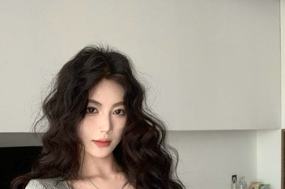 Trim Long-Sleeve Neck Slim Crop Lace Top Fit Scoop Button