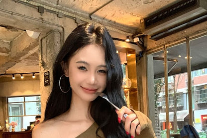 One-Shoulder Long-Sleeve Plain Asymmetrical Crop Slim Neck Fit T-Shirt