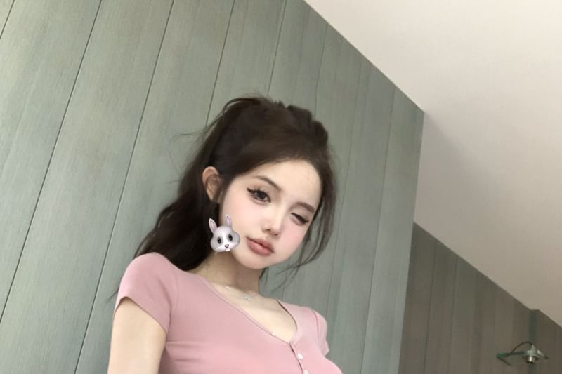 V-Neck T-Shirt Plain Crop Fit Short-Sleeve Slim