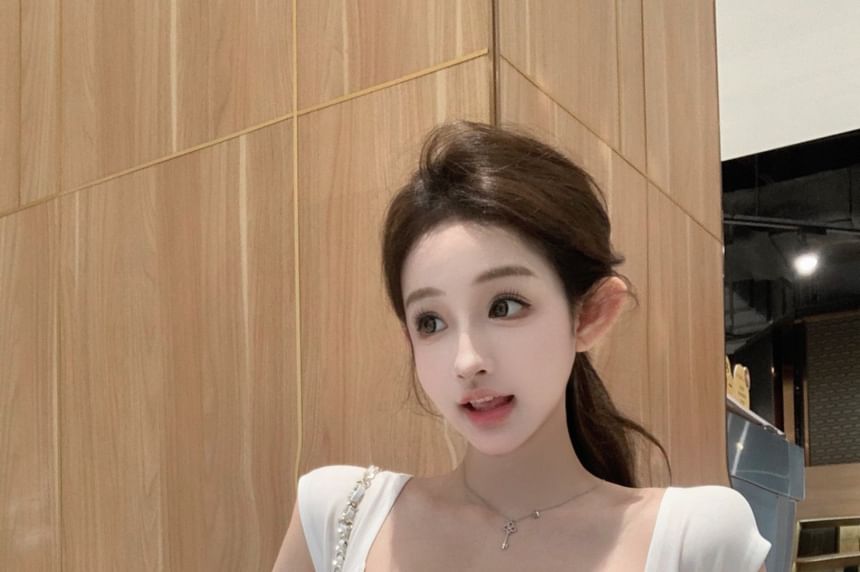 Pants Fit Loose Striped Drawstring Crop Tee Off-Shoulder Trim Waist Short-Sleeve / Plain