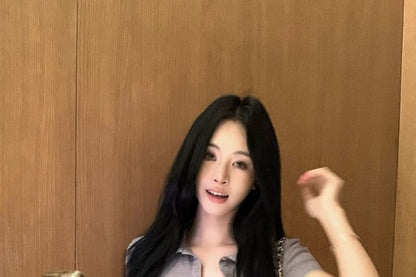 Slim Waist / Hot Plain Fit Short-Sleeve Tee Half-Buttoned Collared High Pants