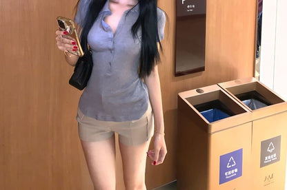 Slim Waist / Hot Plain Fit Short-Sleeve Tee Half-Buttoned Collared High Pants