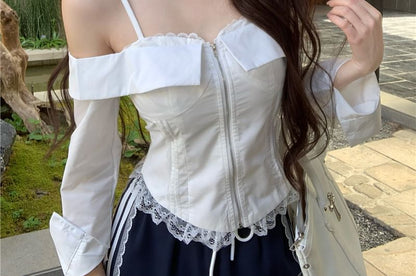 Shoulder Drawstring Pants Waist Cold / Long-Sleeve Fit Loose Lace Blouse Zip-Up Crop Striped Trim