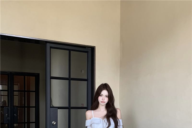 Shoulder Drawstring Pants Waist Cold / Long-Sleeve Fit Loose Lace Blouse Zip-Up Crop Striped Trim