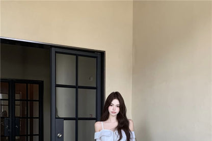 Shoulder Drawstring Pants Waist Cold / Long-Sleeve Fit Loose Lace Blouse Zip-Up Crop Striped Trim