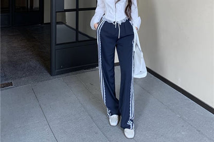 Shoulder Drawstring Pants Waist Cold / Long-Sleeve Fit Loose Lace Blouse Zip-Up Crop Striped Trim