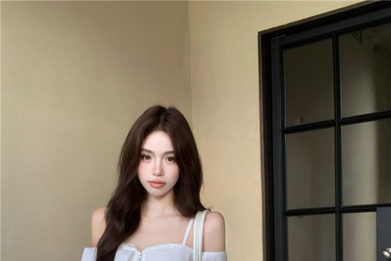 Shoulder Drawstring Pants Waist Cold / Long-Sleeve Fit Loose Lace Blouse Zip-Up Crop Striped Trim