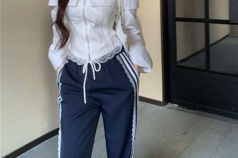 Shoulder Drawstring Pants Waist Cold / Long-Sleeve Fit Loose Lace Blouse Zip-Up Crop Striped Trim