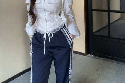 Shoulder Drawstring Pants Waist Cold / Long-Sleeve Fit Loose Lace Blouse Zip-Up Crop Striped Trim