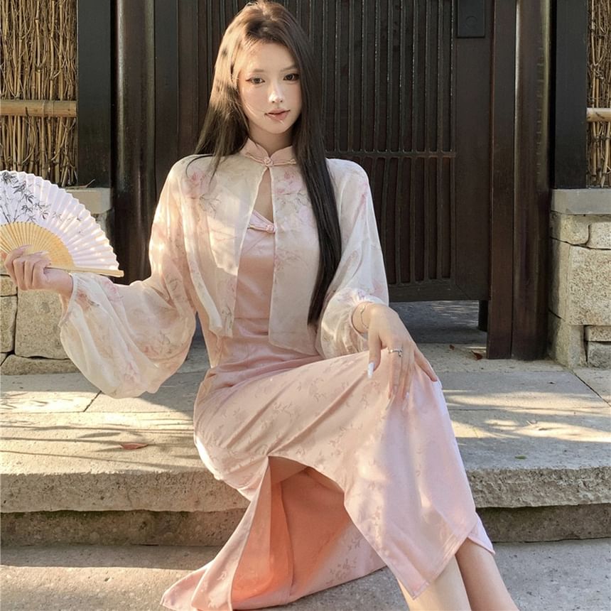 V-Neck Slit Floral Dress Frog Mandarin Sheath Strap Jacquard Print / Spaghetti Jacket Maxi Collar Light Closure