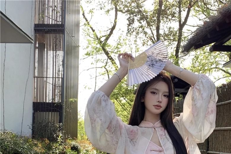 V-Neck Slit Floral Dress Frog Mandarin Sheath Strap Jacquard Print / Spaghetti Jacket Maxi Collar Light Closure