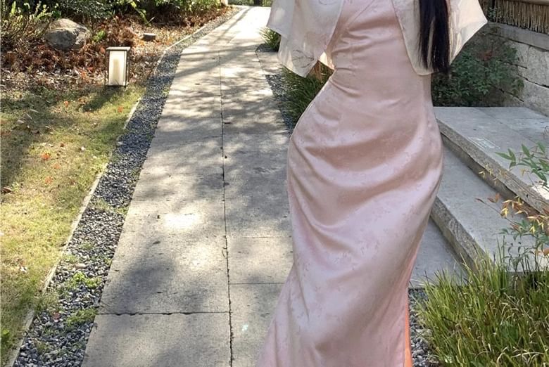 V-Neck Slit Floral Dress Frog Mandarin Sheath Strap Jacquard Print / Spaghetti Jacket Maxi Collar Light Closure