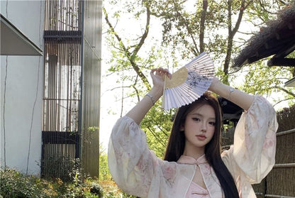 V-Neck Slit Floral Dress Frog Mandarin Sheath Strap Jacquard Print / Spaghetti Jacket Maxi Collar Light Closure