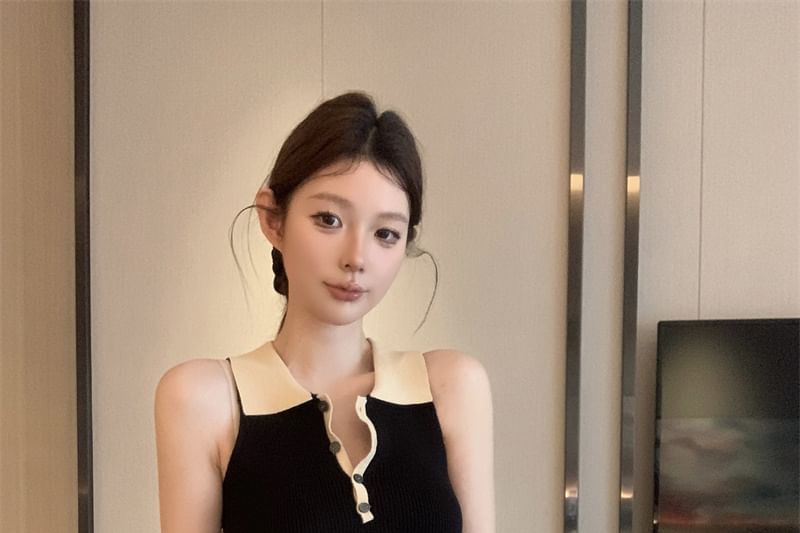 Ribbed Knit Dress Polo Mini Tone Sheath Sleeveless Two