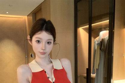 Ribbed Knit Dress Polo Mini Tone Sheath Sleeveless Two