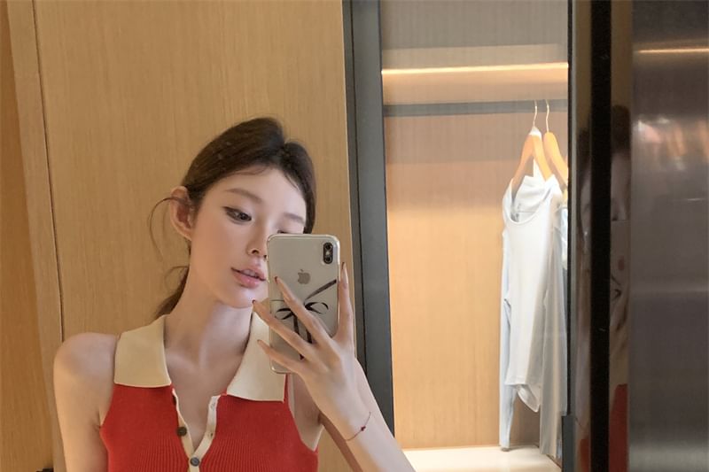 Ribbed Knit Dress Polo Mini Tone Sheath Sleeveless Two