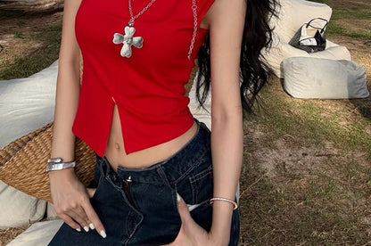 Slit Top Plain Collared Sleeveless Crop Zipped Fit Slim