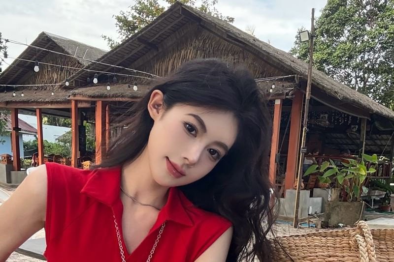 Slit Top Plain Collared Sleeveless Crop Zipped Fit Slim