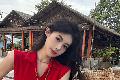 Slit Top Plain Collared Sleeveless Crop Zipped Fit Slim