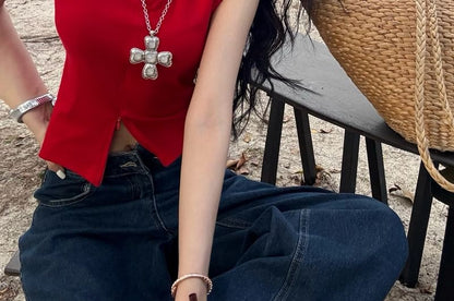 Slit Top Plain Collared Sleeveless Crop Zipped Fit Slim