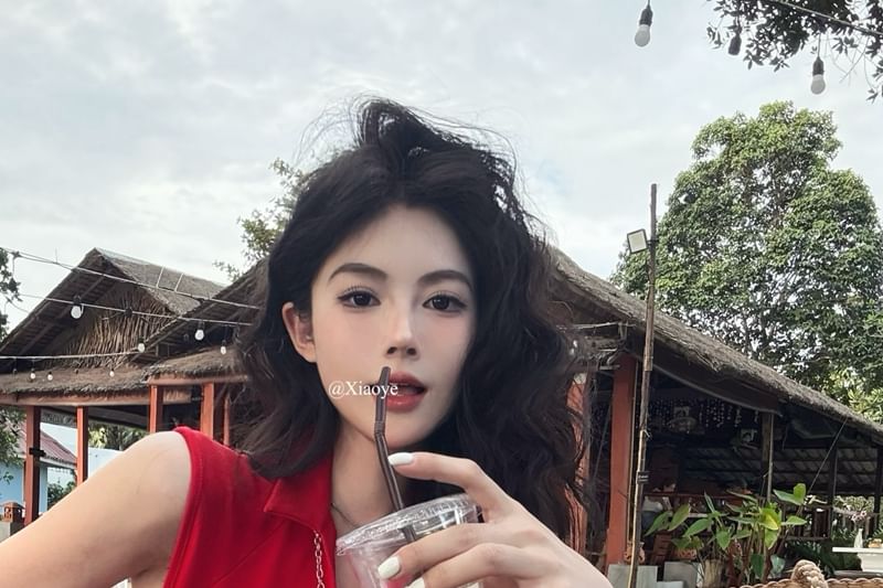 Slit Top Plain Collared Sleeveless Crop Zipped Fit Slim