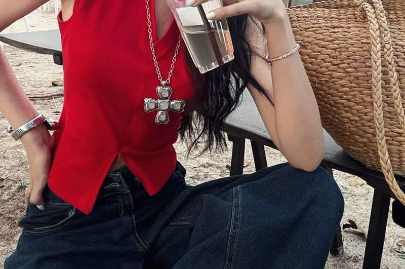 Slit Top Plain Collared Sleeveless Crop Zipped Fit Slim