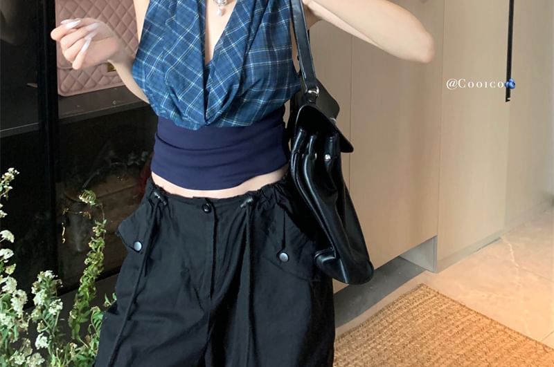 Crop Plaid Open Top Panel Back Neck Cowl Halter