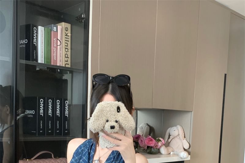 Crop Plaid Open Top Panel Back Neck Cowl Halter