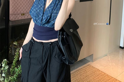 Crop Plaid Open Top Panel Back Neck Cowl Halter