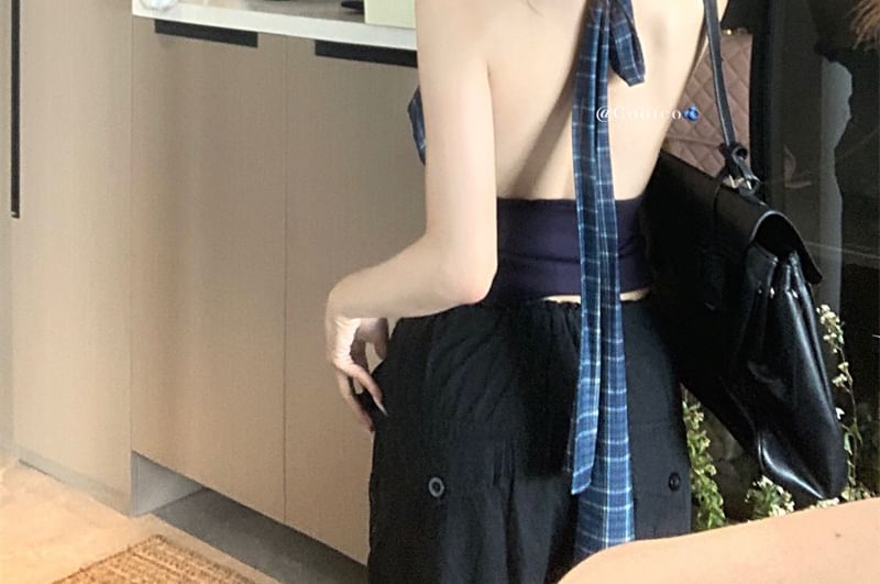 Crop Plaid Open Top Panel Back Neck Cowl Halter