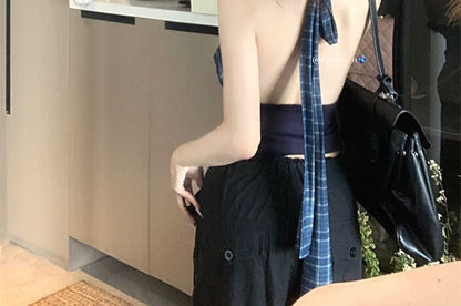 Crop Plaid Open Top Panel Back Neck Cowl Halter