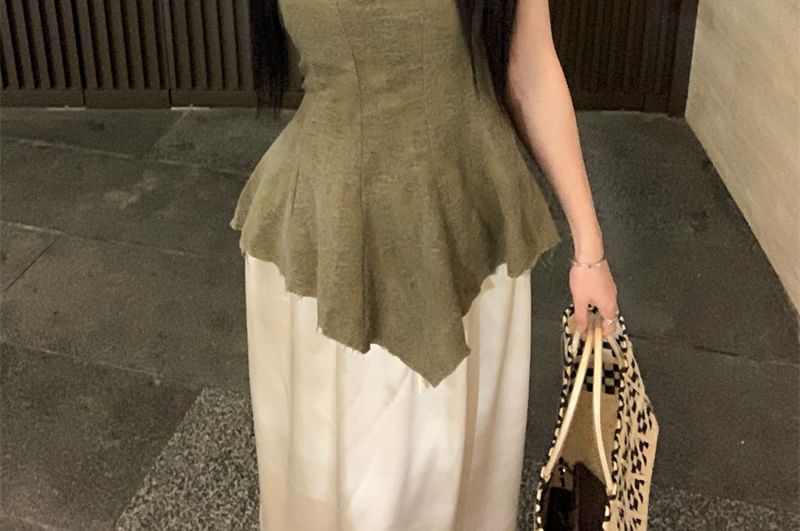 Peplum Tank Jacquard Frayed Top Asymmetrical Scoop Neck