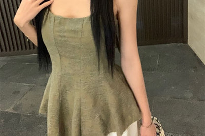 Peplum Tank Jacquard Frayed Top Asymmetrical Scoop Neck