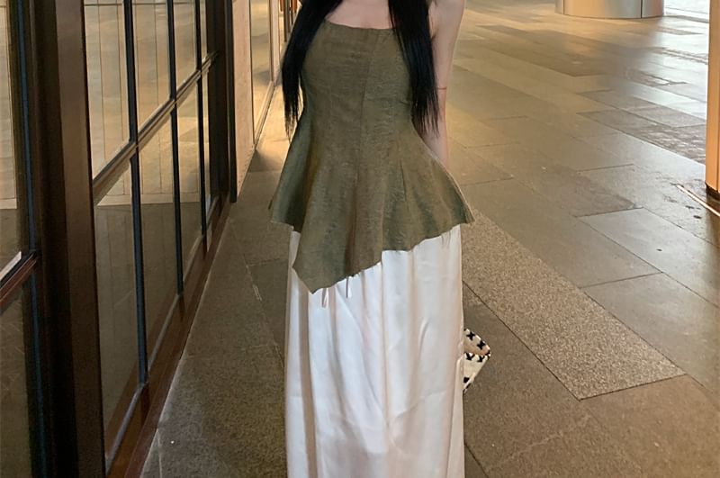 Peplum Tank Jacquard Frayed Top Asymmetrical Scoop Neck