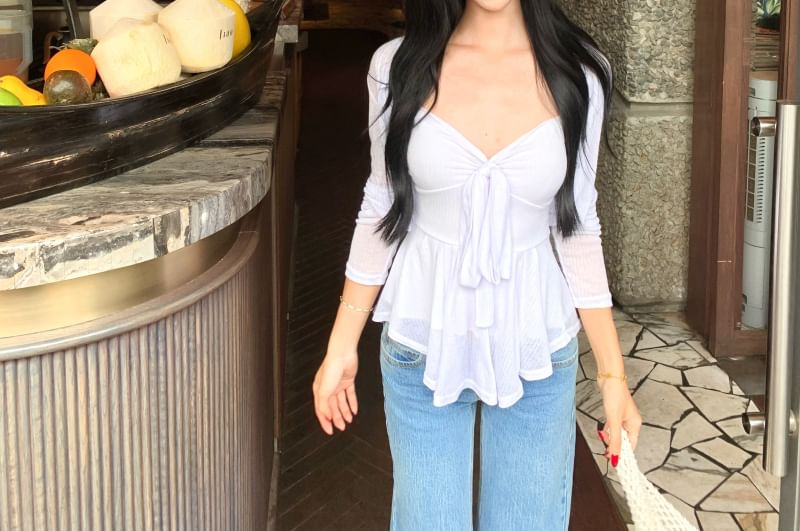 Bow Cardigan + Cami Accent V-Neck Peplum Top Set: Plain Crop