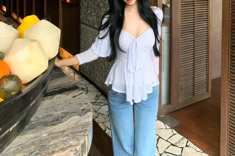 Bow Cardigan + Cami Accent V-Neck Peplum Top Set: Plain Crop