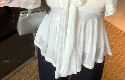 Accent Neckline Cardigan Sweetheart Bow Flowy Tube Plain Button-Up Round Neck Top / Crop