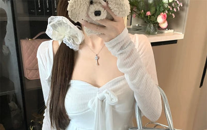 Accent Neckline Cardigan Sweetheart Bow Flowy Tube Plain Button-Up Round Neck Top / Crop