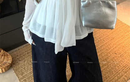 Accent Neckline Cardigan Sweetheart Bow Flowy Tube Plain Button-Up Round Neck Top / Crop