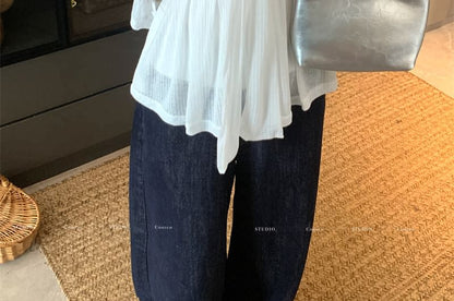 Accent Neckline Cardigan Sweetheart Bow Flowy Tube Plain Button-Up Round Neck Top / Crop