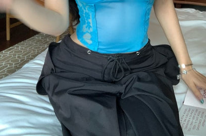 Sheer Crop Accent Top Camisole Bow Lace Panel V-Neck