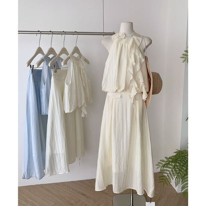 High Midi Blouse Set: Rise Plain Skirt Ruffle + Halter A-Line