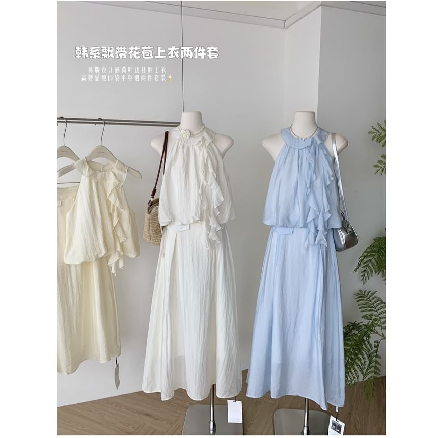 High Midi Blouse Set: Rise Plain Skirt Ruffle + Halter A-Line