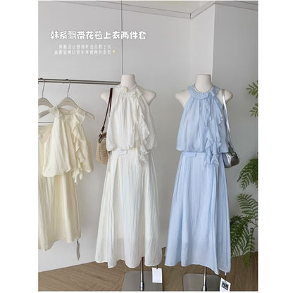 High Midi Blouse Set: Rise Plain Skirt Ruffle + Halter A-Line