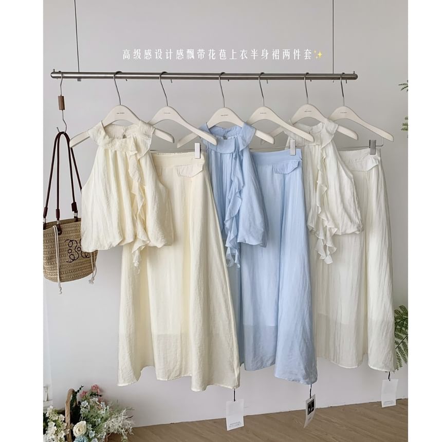 High Midi Blouse Set: Rise Plain Skirt Ruffle + Halter A-Line