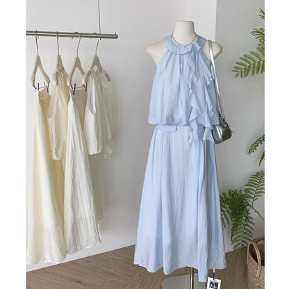 High Midi Blouse Set: Rise Plain Skirt Ruffle + Halter A-Line