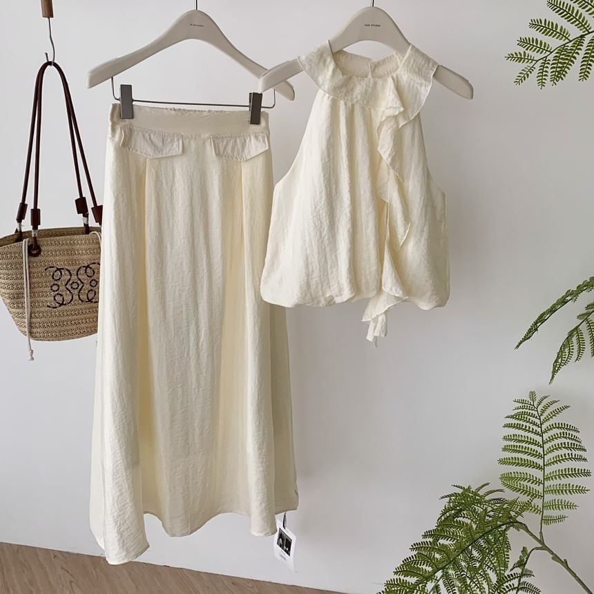 High Midi Blouse Set: Rise Plain Skirt Ruffle + Halter A-Line