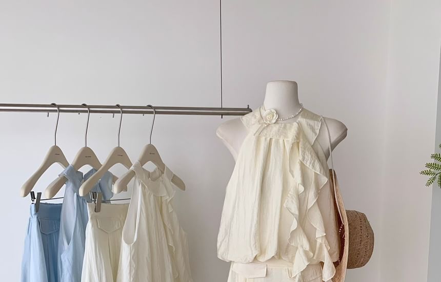 High Midi Blouse Set: Rise Plain Skirt Ruffle + Halter A-Line