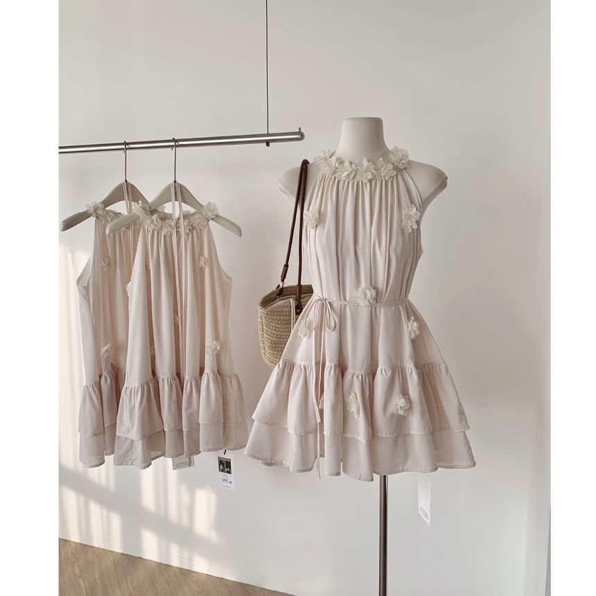 Flower Halter Detail Plain Sundress Ruffle Mini